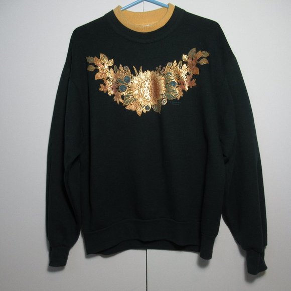 Morning Sun Vintage Grandma Sweatshirt Double Collar Dark Green Sunflower M - Picture 2 of 11